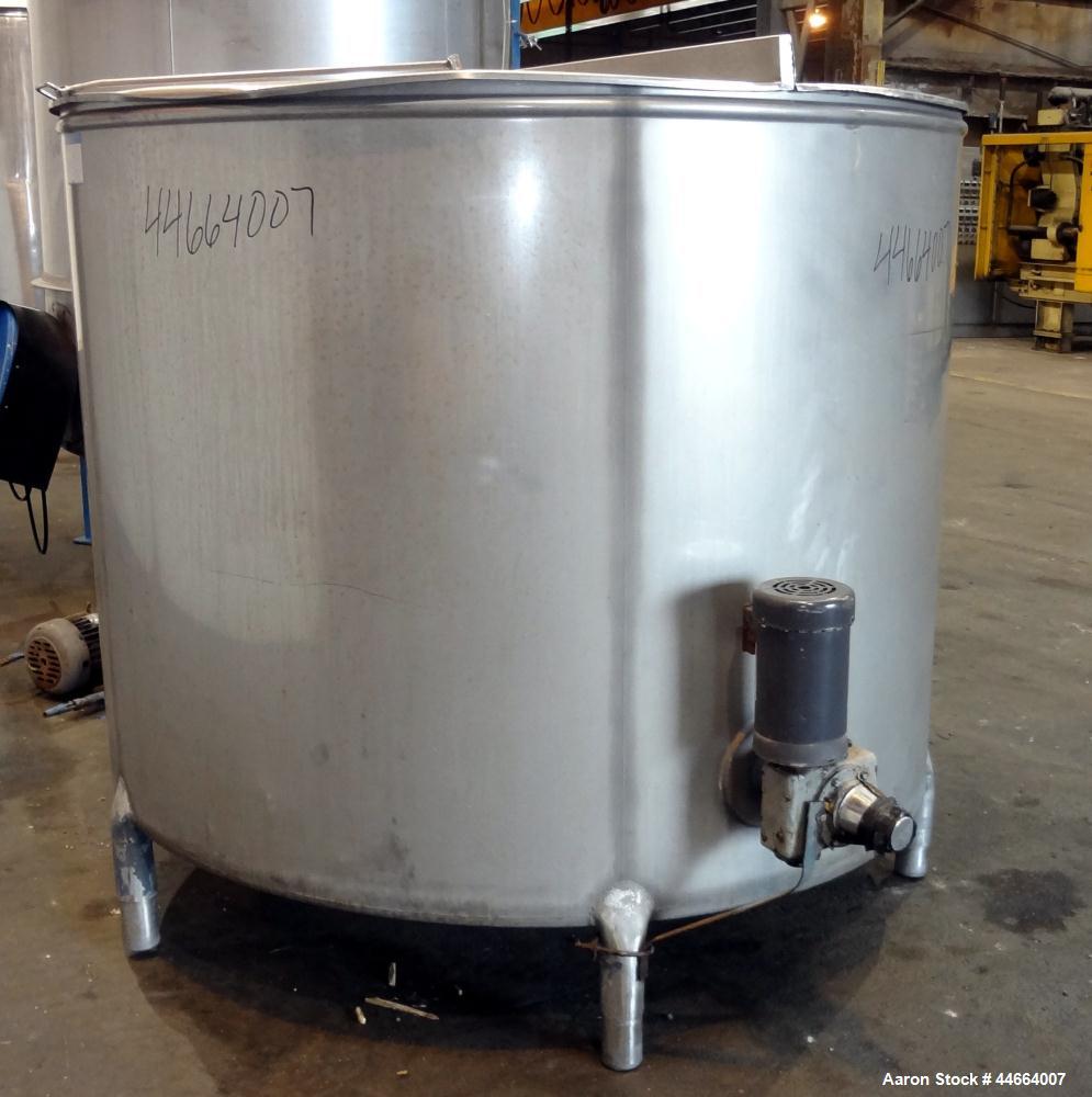 Used Mueller Tank, 1055 Gallon, 304 Stainless Steel, Vertical. Approximate 76" Diameter x 57” straight side, open top with (2) covers, inverted dish bottom. Side bottom entering agitator with a (3) b...