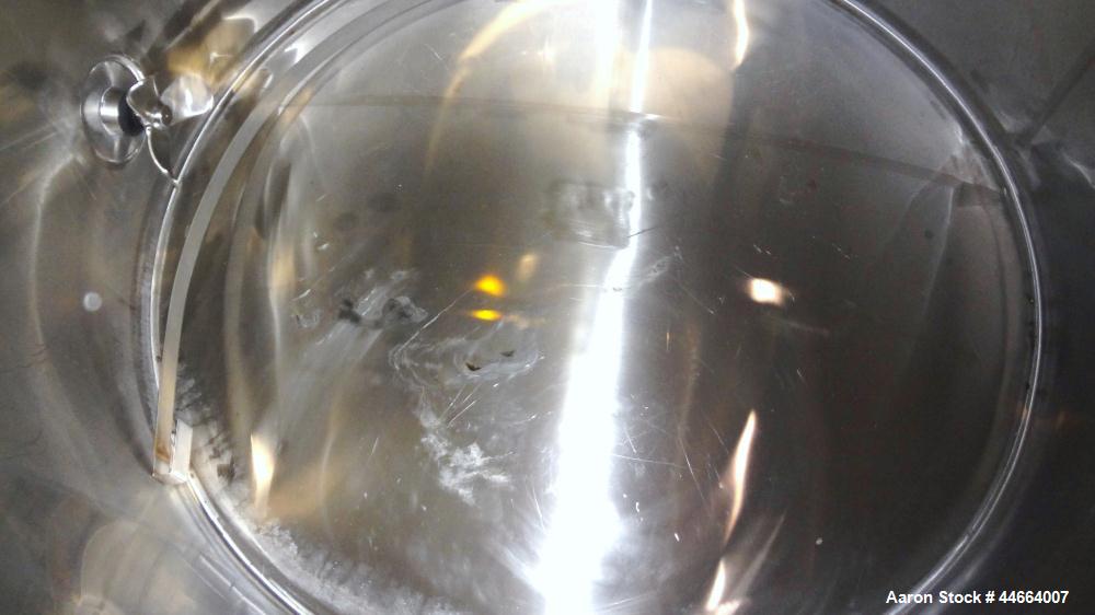 Used Mueller Tank, 1055 Gallon, 304 Stainless Steel, Vertical. Approximate 76" Diameter x 57” straight side, open top with (2) covers, inverted dish bottom. Side bottom entering agitator with a (3) b...