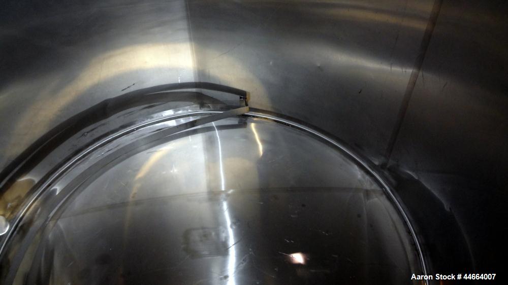 Used Mueller Tank, 1055 Gallon, 304 Stainless Steel, Vertical. Approximate 76" Diameter x 57” straight side, open top with (2) covers, inverted dish bottom. Side bottom entering agitator with a (3) b...