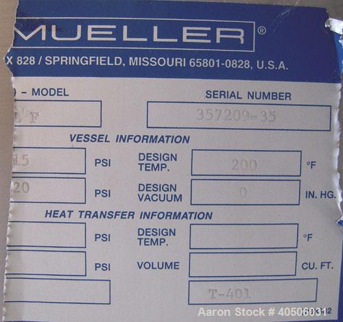 Unused- Mueller Pressure Tank, 2500 Gallon, Model "F", 304L Stainless steel, Vertical. 84" diameter x 96" straight side, dished top and bottom. Internal rated 15 psi at 200 deg.f., and -20 deg.f. at ...