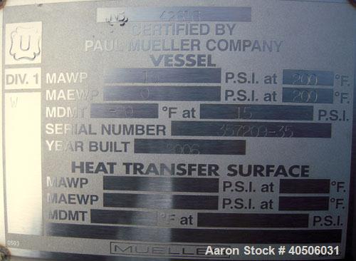 Unused- Mueller Pressure Tank, 2500 Gallon, Model "F", 304L Stainless steel, Vertical. 84" diameter x 96" straight side, dished top and bottom. Internal rated 15 psi at 200 deg.f., and -20 deg.f. at ...