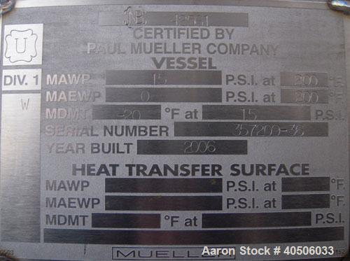 Unused- Mueller Pressure Tank, 2500 Gallon, Model "F", 304L Stainless steel, Vertical. 84" diameter x 96" straight side, dished top and bottom. Internal rated 15 psi at 200 deg.f., and -20 deg.f. at ...