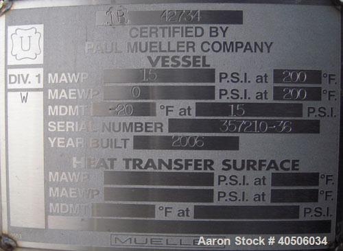 Unused- Mueller Pressure Tank, 2500 Gallon, Model "F", 304L Stainless steel, Vertical. 84" diameter x 96" straight side, dished top and bottom. Internal rated 15 psi at 200 deg.f., and -20 deg.f. at ...
