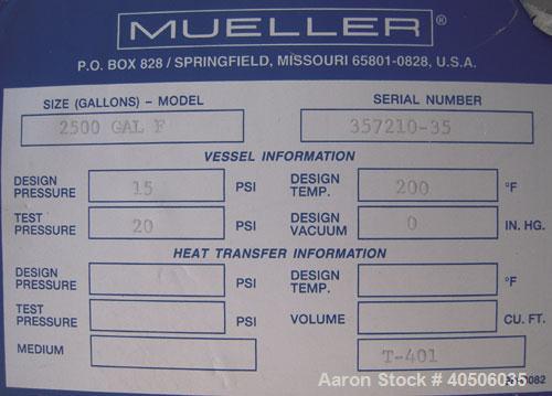 Unused- Mueller Pressure Tank, 2500 Gallon, Model "F", 304L Stainless steel, Vertical. 84" diameter x 96" straight side, dished top and bottom. Internal rated 15 psi at 200 deg.f., and -20 deg.f. at ...