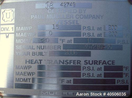 Unused- Mueller Pressure Tank, 2500 Gallon, Model "F", 304L Stainless steel, Vertical. 84" diameter x 96" straight side, dished top and bottom. Internal rated 15 psi at 200 deg.f., and -20 deg.f. at ...