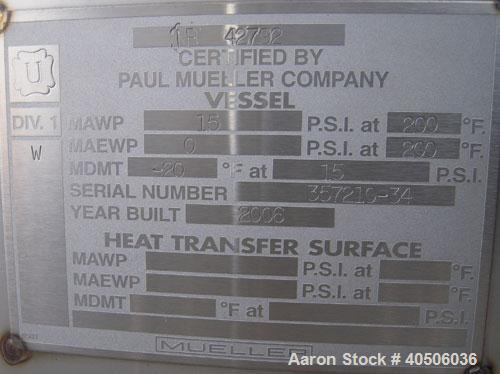 Unused- Mueller Pressure Tank, 2500 Gallon, Model "F", 304L Stainless steel, Vertical. 84" diameter x 96" straight side, dished top and bottom. Internal rated 15 psi at 200 deg F and -20 deg F at 15 ...