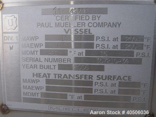 Unused- Mueller Pressure Tank, 2500 Gallon, Model "F", 304L Stainless steel, Vertical. 84" diameter x 96" straight side, dis...