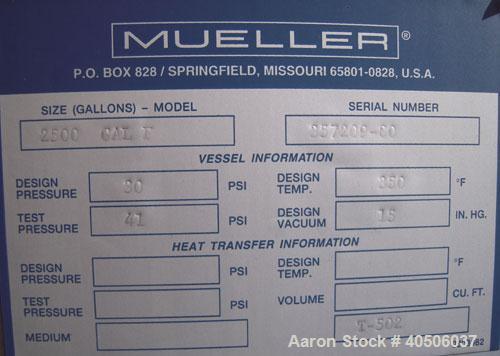 Unused- Mueller Pressure Tank, 2500 Gallon, Model "F", 304L stainless steel, vertical. 72" diameter x 144" straight side, dished top and bottom. Internal rated 30 psi at 350 deg F and -20 deg F at 30...