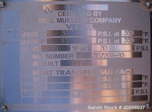 Unused- Mueller Pressure Tank, 2500 Gallon, Model "F", 304L stainless steel, vertical. 72" diameter x 144" straight side, dished top and bottom. Internal rated 30 psi at 350 deg F and -20 deg F at 30...
