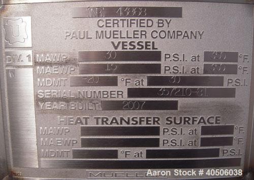 Unused- Mueller Pressure Tank, 2,500 Gallon, Model "F", 304 stainless steel, vertical. 72" diameter x 144" straight side, dished top and bottom. Internal rated 30 psi at 350 deg F and -20 deg F at 30...