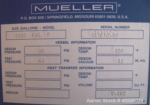 Unused- Mueller Pressure Tank, 2,500 Gallon, Model "F", 304 stainless steel,  vertical. 72" diameter x 144" straight side, dished top and bottom. Internal rated 30 psi at 350 deg F and -20 deg F at 3...
