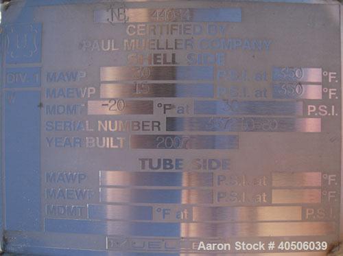 Unused- Mueller Pressure Tank, 2,500 Gallon, Model "F", 304 stainless steel,  vertical. 72" diameter x 144" straight side, dished top and bottom. Internal rated 30 psi at 350 deg F and -20 deg F at 3...