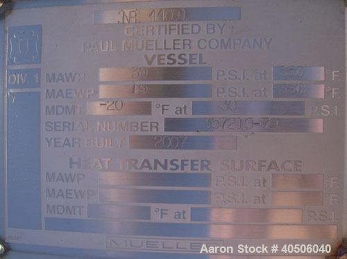 Unused- Mueller Pressure Tank, 2,500 Gallon, Model "F", 304 stainless steel, vertical. 72" diameter x 144" straight side, dished top and bottom. Internal rated 30 psi at 350 deg F and -20 deg F at 30...