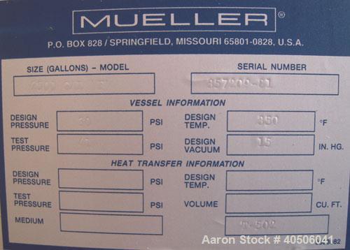 Unused- Mueller Pressure Tank, 2500 Gallon, Model "F", 304L stainless steel, vertical. 72" diameter x 144" straight side, dished top and bottom. Internal rated 30 psi at 350 deg F and -20 deg F at 30...
