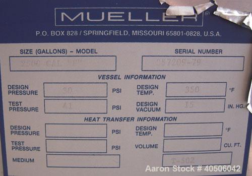 Unused- Mueller Pressure Tank, 2500 Gallon, Model "F", 304L stainless steel, vertical. 72" diameter x 144" straight side, dished top and bottom. Internal rated 30 psi at 350 deg F and -20 deg F at 30...
