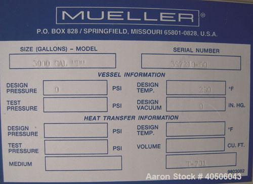 Unused- Mueller Tank, 3000 Gallon, Model "F", 304L Stainless steel, Vertical. 96" diameter x 86" straight side, dished top and bottom. Internal rated  to 250 deg.f.. Insulated with foamglas, and stai...