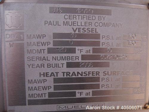 Unused- Mueller Pressure Tank, 2,500 Gallon, Model "F", 304L Stainless steel, Vertical. 90" diameter x 79" straight side, 2:1 elliptical top and bottom. Internal rated 30 psi at 160 deg F and -20 deg...