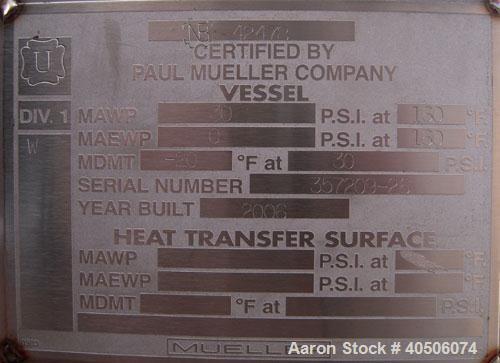 Unused- Mueller Pressure Tank, 2,500 Gallon, Model "F", 304L stainless steel, vertical. 90" diameter x 79" straight side, 2:1 elliptical top and bottom. Internal rated 30 psi at 160 deg F and -20 deg...