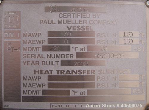 Unused- Mueller Pressure Tank, 2,500 Gallon, Model "F", 304L Stainless steel, Vertical. 90" diameter x 79" straight side, 2:1 elliptical top and bottom. Equipped with a 2 HP agitator.  Serial #357210...