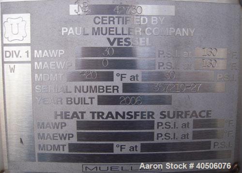 Unused- Mueller Pressure Tank, 2,500 Gallon, Model "F", 304L stainless steel, vertical. 90" diameter x 79" straight side, 2:1 elliptical top and bottom. Internal rated 30 psi at 160 deg F and -20 deg...