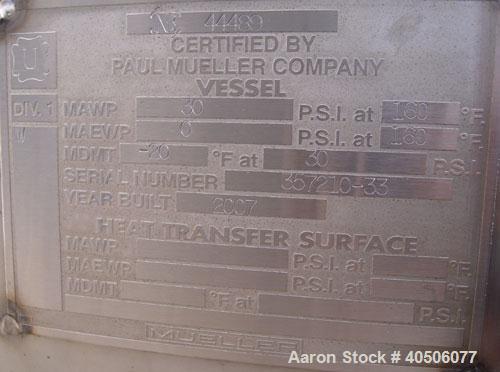 Unused- Mueller Pressure Tank, 2,500 Gallon, Model "F", 304L Stainless steel, Vertical. 90" diameter x 79" straight side, 2:1 elliptical top and bottom. Equipped with a 2 HP agitator.  Serial #357210...