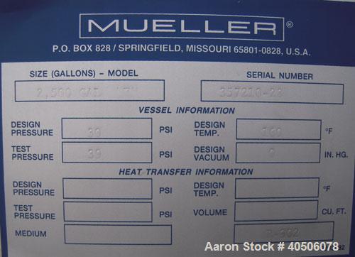 Unused- Mueller Pressure Tank, 2,500 Gallon, Model "F", 304L stainless steel, vertical. 90" diameter x 79" straight side, 2:1 elliptical top and bottom. Internal rated 30 psi at 160 deg F and -20 deg...