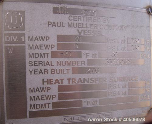 Unused- Mueller Pressure Tank, 2,500 Gallon, Model "F", 304L stainless steel, vertical. 90" diameter x 79" straight side, 2:1 elliptical top and bottom. Internal rated 30 psi at 160 deg F and -20 deg...
