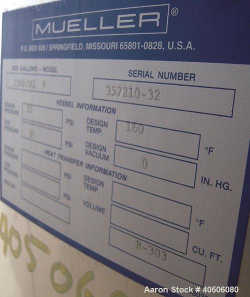 Unused- Mueller Pressure Tank, 2,500 Gallon, Model "F", 304L stainless steel, vertical. 90" diameter x 79" straight side, 2:1 elliptical top and bottom. Internal rated 30 psi at 160 deg F and -20 deg...
