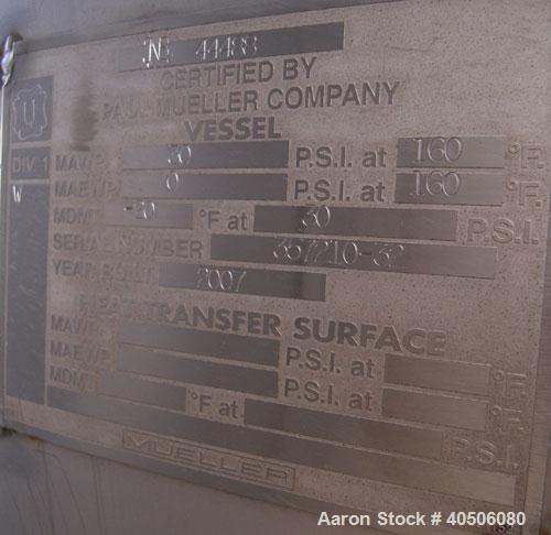 Unused- Mueller Pressure Tank, 2,500 Gallon, Model "F", 304L stainless steel, vertical. 90" diameter x 79" straight side, 2:1 elliptical top and bottom. Internal rated 30 psi at 160 deg F and -20 deg...