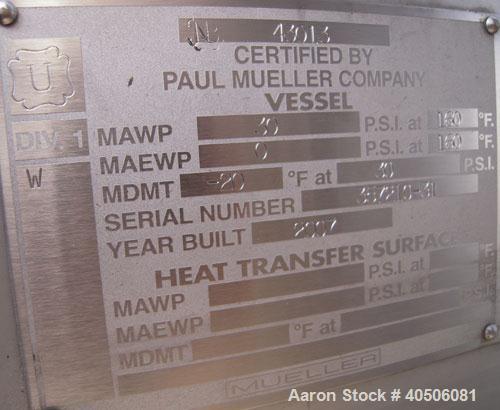 Unused- Mueller Pressure Tank, 2,500 Gallon, Model "F", 304L stainless steel, vertical. 90" diameter x 79" straight side, 2:1 elliptical top and bottom. Internal rated 30 psi at 160 deg F and -20 deg...