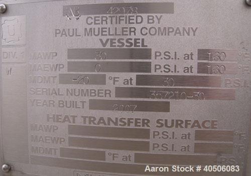Unused- Mueller Pressure Tank, 2,500 Gallon, Model "F", 304L stainless steel, vertical. 90" diameter x 79" straight side, 2:1 elliptical top and bottom. Internal rated 30 psi at 160 deg F and -20 deg...