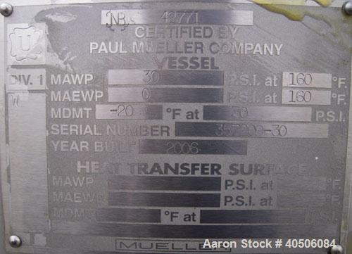 Unused- Mueller Pressure Tank, 2,500 Gallon, Model "F", 304L stainless steel, vertical. 90" diameter x 79" straight side, 2:1 elliptical top and bottom. Internal rated 30 psi at 160 deg F and -20 deg...