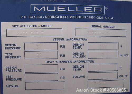 Unused- Mueller Pressure Tank, 2,500 Gallon, Model "F", 304L stainless steel, vertical. 90" diameter x 79" straight side, 2:1 elliptical top and bottom. Internal rated 30 psi at 160 deg F and -20 deg...