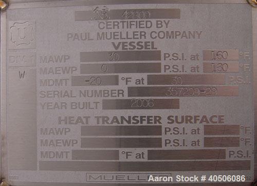 Unused- Mueller Pressure Tank, 2,500 Gallon, Model "F", 304L Stainless steel, Vertical. 90" diameter x 79" straight side, 2:1 elliptical top and bottom. Internal rated 30 psi at 160 deg F and -20 deg...