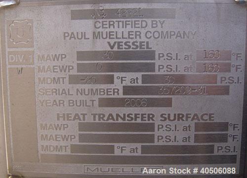 Unused- Mueller Pressure Tank, 2,500 Gallon, Model "F", 304L stainless steel, vertical. 90" diameter x 79" straight side, 2:1 elliptical top and bottom. Internal rated 30 psi at 160 deg F and -20 deg...