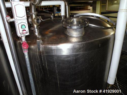 Used Mueller Tank, 2000 Gallon, Model F, Stainless Steel, Vertical. 76" diameter x 106" straight side, dished top and bottom. Openings top (2) 3" tri-clamp, 4" vent, (2) 24" manways with covers. Appr...