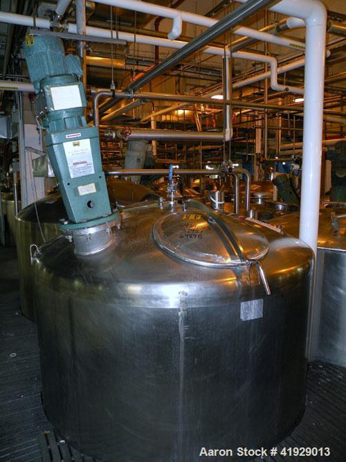 Used Mueller Tank, 2000 Gallon, Model F, Stainless Steel, Vertical. 76" diameter x 106" straight side, dished top and bottom. Off center top entering angled Lightnin manual variable speed agitator, m...