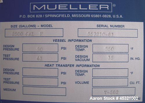 2,500 Gallon Stainless Steel Mueller Pressure Tank, Model "F" 
