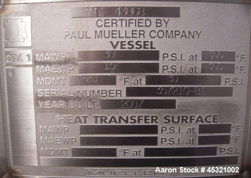 2,500 Gallon Stainless Steel Mueller Pressure Tank, Model "F" 