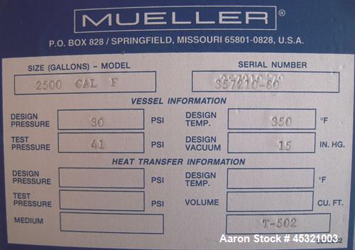 2,500 Gallon Stainless Steel Mueller Pressure Tank, Model "F"