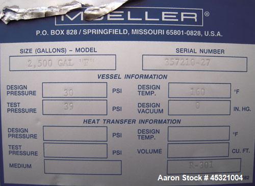 2,500 Gallon Stainless Steel Mueller Pressure Tank, Model "F"