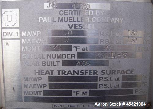 2,500 Gallon Stainless Steel Mueller Pressure Tank, Model "F"