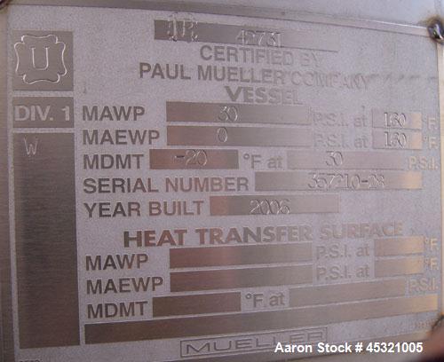 Unused- Mueller Pressure Tank, 2,500 Gallon, Model "F", 304L stainless steel, vertical. 90" Diameter x 79" straight side, 2:1 elliptical top and bottom. Internal rated 30 psi at 160 degrees F and -20...