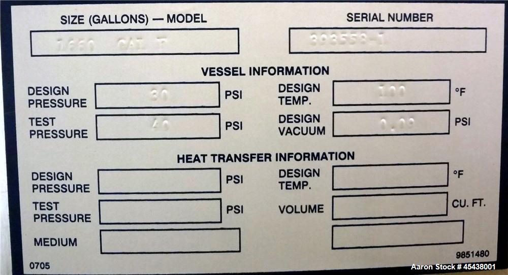 1660 Gallon Stainless Steel Mueller Pressure Tank, Model F