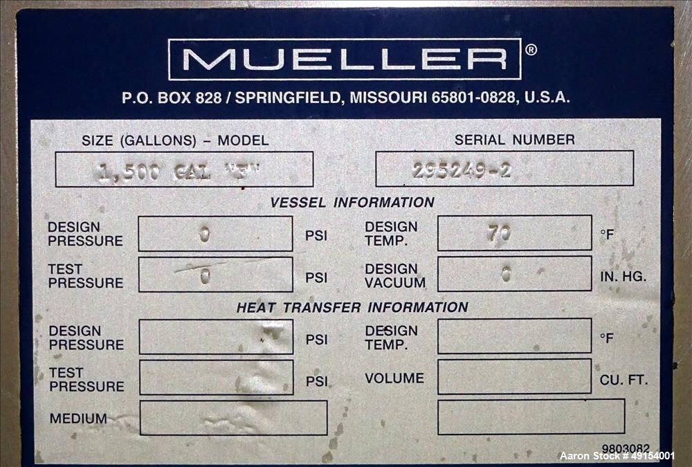 Used Mueller Mix Tank, 1,500 Gallon, Model F, 304 Stainless Steel, Vertical