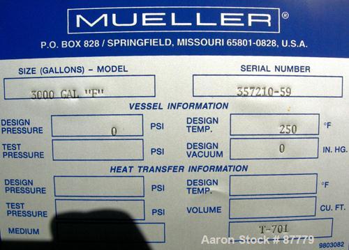 Unused-NEW: Mueller tank, 3000 gallon, 304/304L stainless steel, vertical. 96" diameter x 86" straight side. Dished top and bottom. Insulated with Foamglas, Superwool and stainless steel sheathing. O...