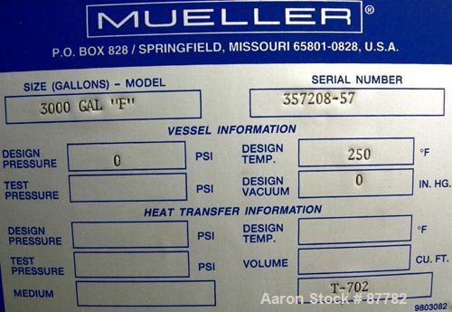 Unused-NEW: Mueller tank, 3000 gallon, 304/304L stainless steel, vertical. 96" diameter x 86" straight side. Dished top and bottom. Insulated with Foamglas, Superwool and stainless steel sheathing. O...