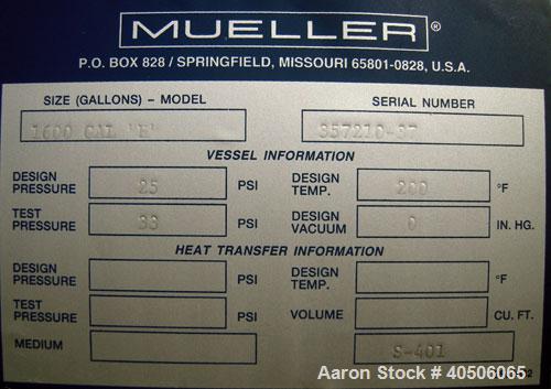 Unused- Mueller Coalescer Pressure Tank, 1600 Gallon, Model "H", 304L stainless steel, horizontal. 48" diameter x 204" straight side, (1) dished bolt on end with davit arm, (1) dished end. Internal r...