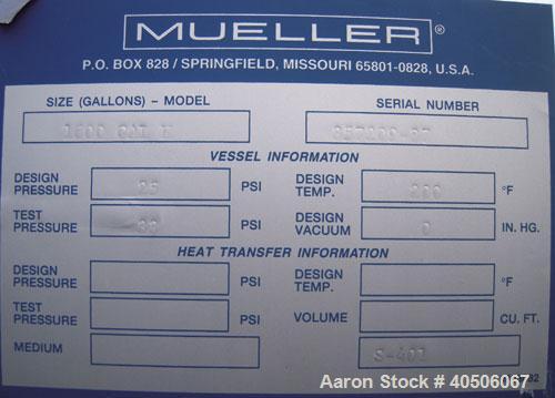 Unused- Mueller Coalescer Pressure Tank, 1600 Gallon, Model "H", 304L stainless steel, horizontal. 48" diameter x 204" straight side, (1) dished bolt on end with davit arm, (1) dished end. Internal r...