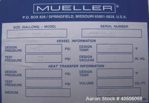 Unused- Mueller Coalescer Pressure Tank, 1600 Gallon, Model "H", 304L stainless steel, horizontal. 48" diameter x 204" straight side, (1) dished bolt on end with davit arm, (1) dished end. Internal r...